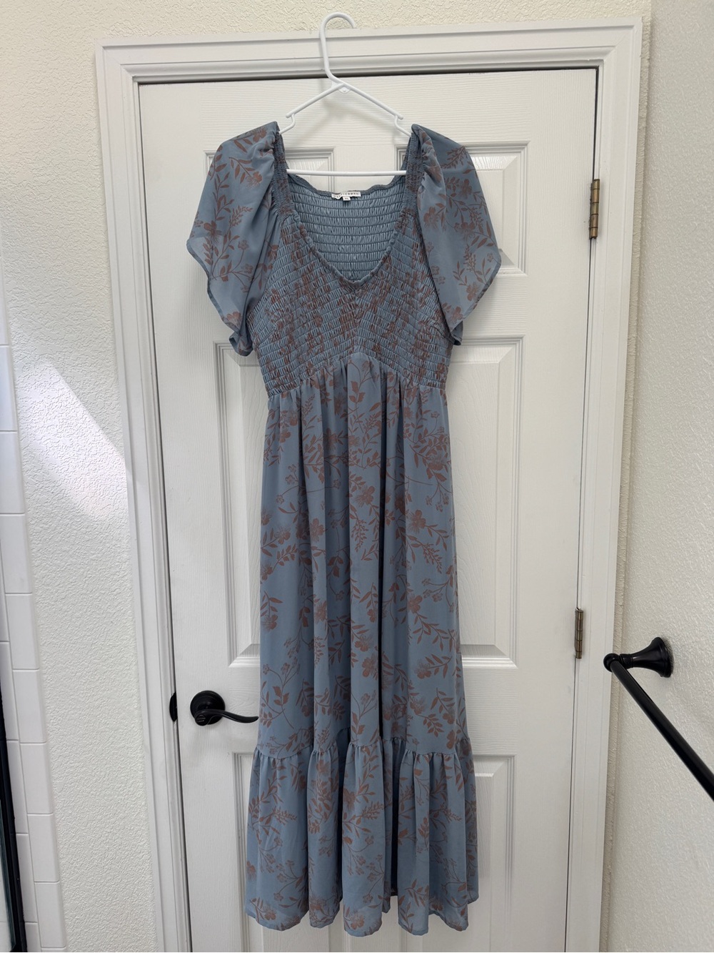 Baltic Born Smocked V-Neck Maxi Dress in Dusty Blue with Floral Print